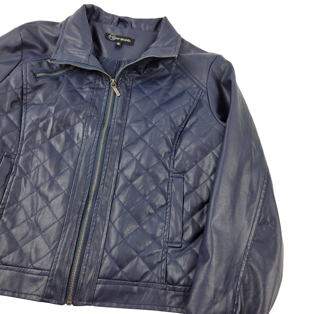 Women's Faux Leather Motorcycle Jacket Navy Quilted Petite Large PL Waist Length
